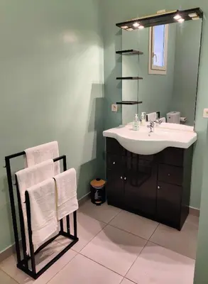a bathroom with a sink and a mirror at L'Atelier Cosy in Lézignan-Corbières