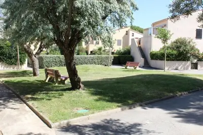 two benches sitting in the grass under a tree at Appartement avec parking privé proche de la plage GN250-089 in Gruissan