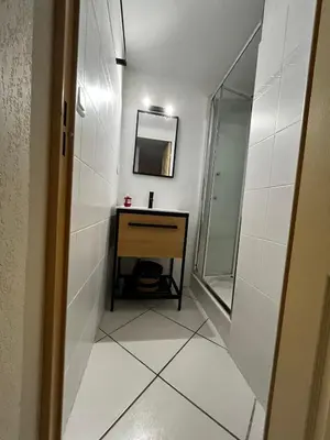 a small bathroom with a sink and a mirror at Maison de vacances à la mer in Port-la-Nouvelle