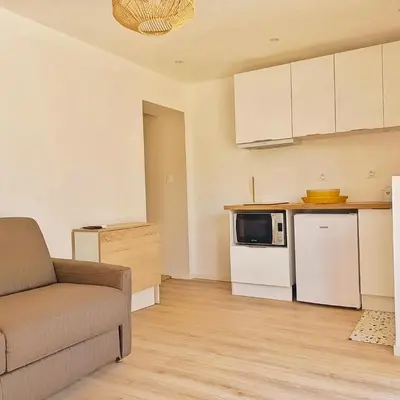 a living room with a couch and a kitchen at l'Entre Nous, jacuzzi privé et piscine à Carcassonne in Carcassonne