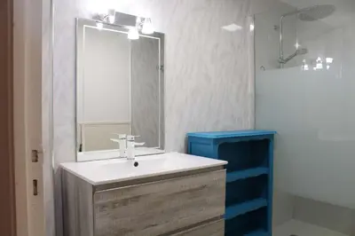 a bathroom with a sink and a mirror and a shower at Maison 3 pièces mezzanine PORT LA NOUVELLE PN360-013 in Port-la-Nouvelle
