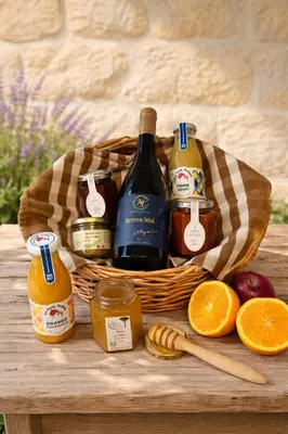 a basket of wine and honey and oranges on a table at Cocon Bohème Proche Gare in Narbonne
