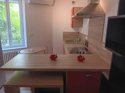 a kitchen with a wooden counter with red flowers on it at Studio in Lézignan-Corbières