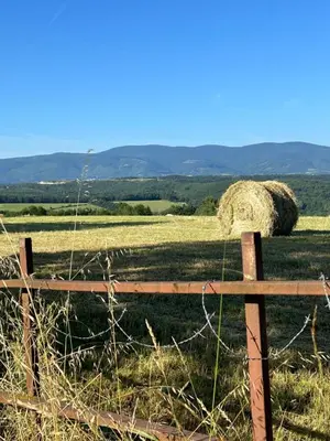 a fence with hay bales in a field at Aux portes du Sidobre in Noailhac