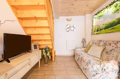 a living room with a couch and a flat screen tv at L'Écrin des Bois - Au bord de l Aude in Espéraza