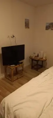 a bedroom with a bed and a flat screen tv at Maison calme in Payrin-Augmontel