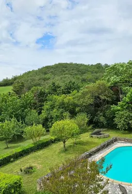 an aerial view of a yard with a swimming pool and trees at Maison Lauraguais cosy jardin brasero, vue étoilée in Saint-Paulet