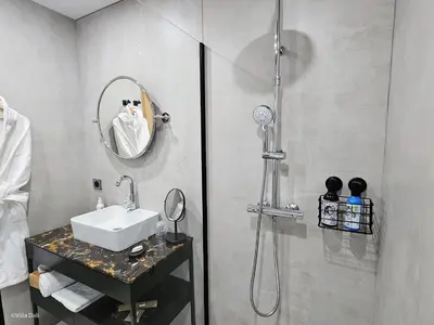 a bathroom with a sink and a shower at La Villa Dali in Lézignan-Corbières