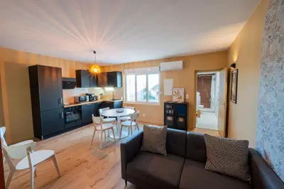 a living room and kitchen with a couch and a table at La Pause Carcassonnaise in Carcassonne