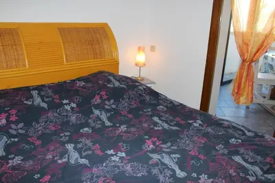 a bedroom with a bed with a floral bedspread at Pavillon Cosy 3 pièces avec véranda et parking GN520-048 in Gruissan