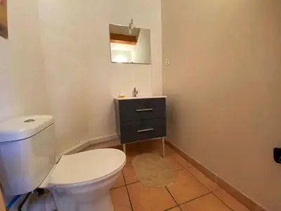 a bathroom with a white toilet and a sink at Maison climatisée front de plage du Grazel GA080-086 in Gruissan