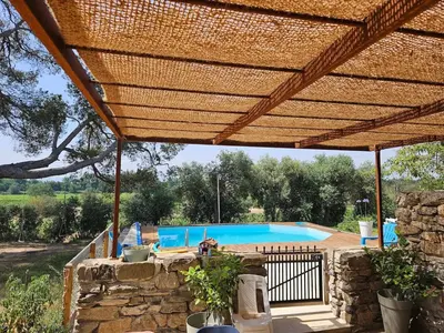 a wooden pergola over a patio with a swimming pool at Domaine Saint Augustin in Rieux-Minervois