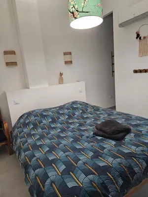 a bedroom with a bed with a blue comforter at Domaine Saint Augustin in Rieux-Minervois