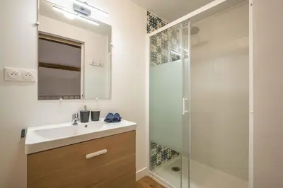 a bathroom with a sink and a shower at L'Hippocrate Duplex à deux pas des Halles in Narbonne