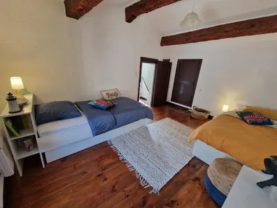 a bedroom with two beds and a wooden floor at Very charming village house in Capendu