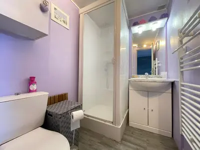 a bathroom with a shower and a toilet and a sink at Maison avec piscine clim parking in Leucate