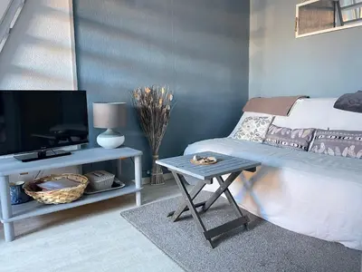 a bedroom with a bed and a tv and a table at Maison avec piscine clim parking in Leucate