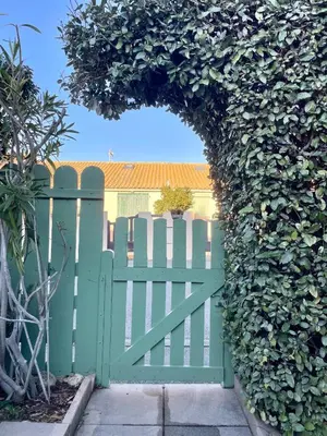 a green fence with a gate with a hedge at Maison avec piscine clim parking in Leucate
