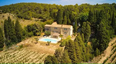 an aerial view of a house with a swimming pool at Bergerie de L'horte in Tourouzelle