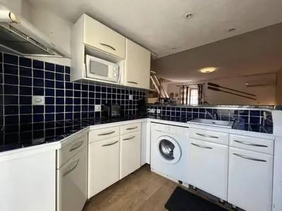 a kitchen with a washing machine and a microwave at Maison 3 pièces - Gruissan GN500-022 in Gruissan