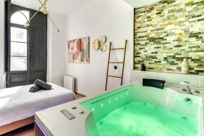 a bathroom with a tub with a bed in the background at Parenthèse Occitane - Free Parking - Balnéothérapie in Carcassonne