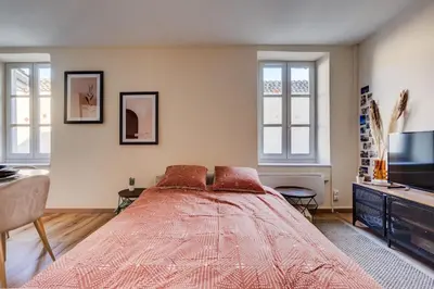 a bedroom with a large bed and a flat screen tv at Chez Seb - Raffiné et Accueillant in Carcassonne