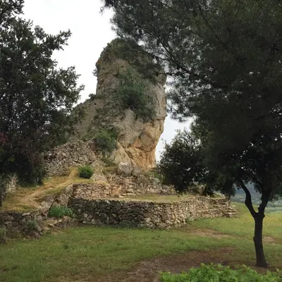 a large rock sitting on top of a grass field at Stylish large house with heated pool in historic village in Bize-Minervois