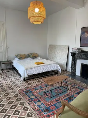 a living room with a bed and a fireplace at Artist Residence - courtyard, terrace, Grand Piano in Siran