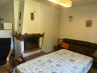a living room with a couch and a fireplace at Maison de Vacances in Pradelles-Cabardès