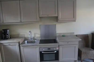 a small kitchen with a stove and a sink at Maison 4 ou 6 personnes au cœur Corbières in Saint-Laurent-de-la-Cabrerisse