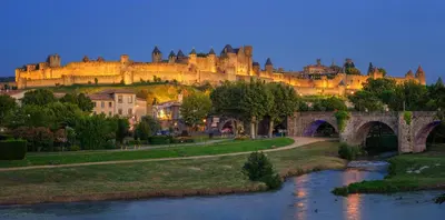 a castle on top of a hill next to a river at Au Pied des Remparts-Cité Médiévale in Carcassonne