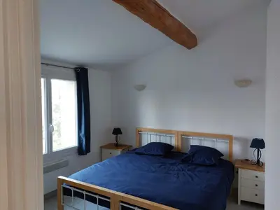 a bedroom with a blue bed and a window at House on winery in Azille
