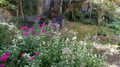 a garden with purple and white flowers in a yard at la tute de l'ours in Roquefeuil