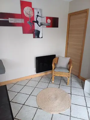 a living room with a chair and a fireplace at Studio bord de mer in Port-la-Nouvelle