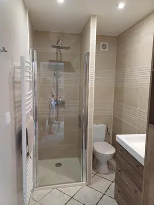 a bathroom with a shower and a toilet at Studio bord de mer in Port-la-Nouvelle