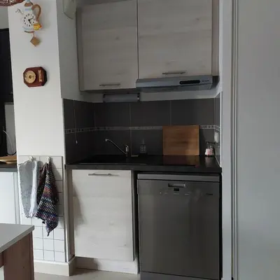 a small kitchen with a sink and a dishwasher at Grand Studio à 300m de la plage dans Résidence calme - une seule pièce in Gruissan