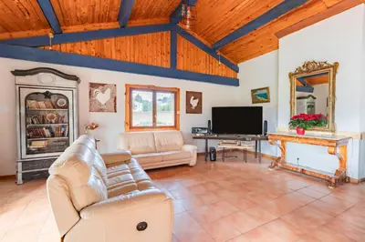 a living room with a couch and a tv at Le Coteau Ensoleillé - Climatisée avec piscine in Carcassonne