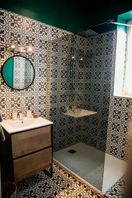 a bathroom with a shower and a sink and a mirror at Mezza'Cosy, apt avec parking à 2 pas de la Cité in Carcassonne