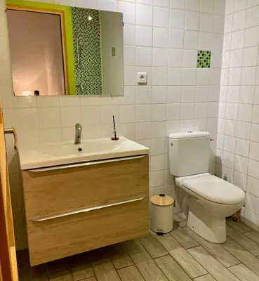 a bathroom with a toilet and a sink and a mirror at Charmante maison de village in Pennautier