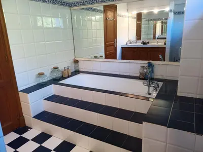 a bathroom with a tub and a sink and a mirror at Maison de campagne avec lac privé in Fendeille