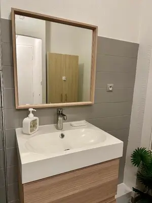 a bathroom with a white sink and a mirror at Douce parenthèse in Carcassonne