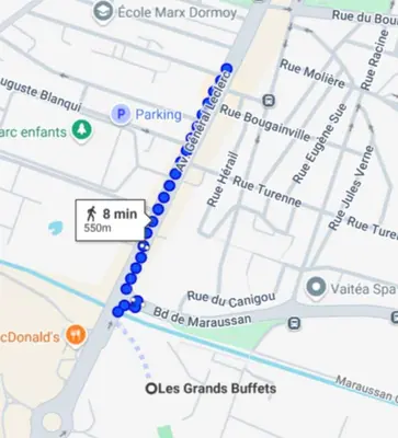 a google map of a blue dot trail at Le Petit Sud - Appartement Proche des Halles - Wifi in Narbonne