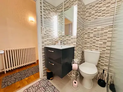a bathroom with a toilet and a sink and a mirror at La Citadine in Carcassonne
