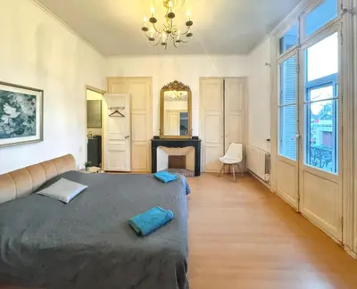 a bedroom with a large bed and a fireplace at Appartement spacieux à Narbonne de 93 m² in Narbonne