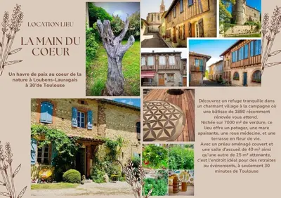 a collage of pictures of houses and a tree at La Main du Cœur Chambre d'hôtes de charme à la campagne in Loubens-Lauragais