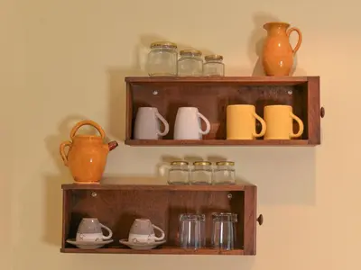 a shelf with glass jars and pitchers on it at Le COULOUMIER côté lac in Caignac