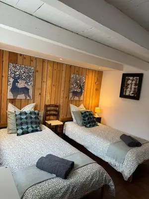 two beds in a room with wooden walls at La maison Auguste - vue imprenable sur la Cité in Carcassonne