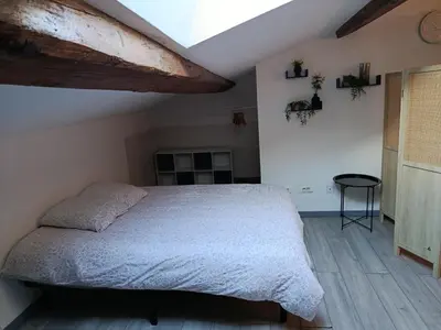 a bedroom with a large bed in a attic at Grand studio proche centre in Narbonne