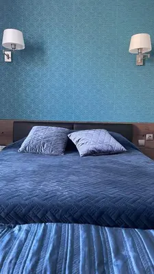 a blue bed with two pillows in a bedroom at La Cour des Grands in Revel