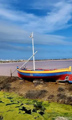 a boat sitting on the shore of a body of water at Le Quai401 YourHostHelper in Gruissan